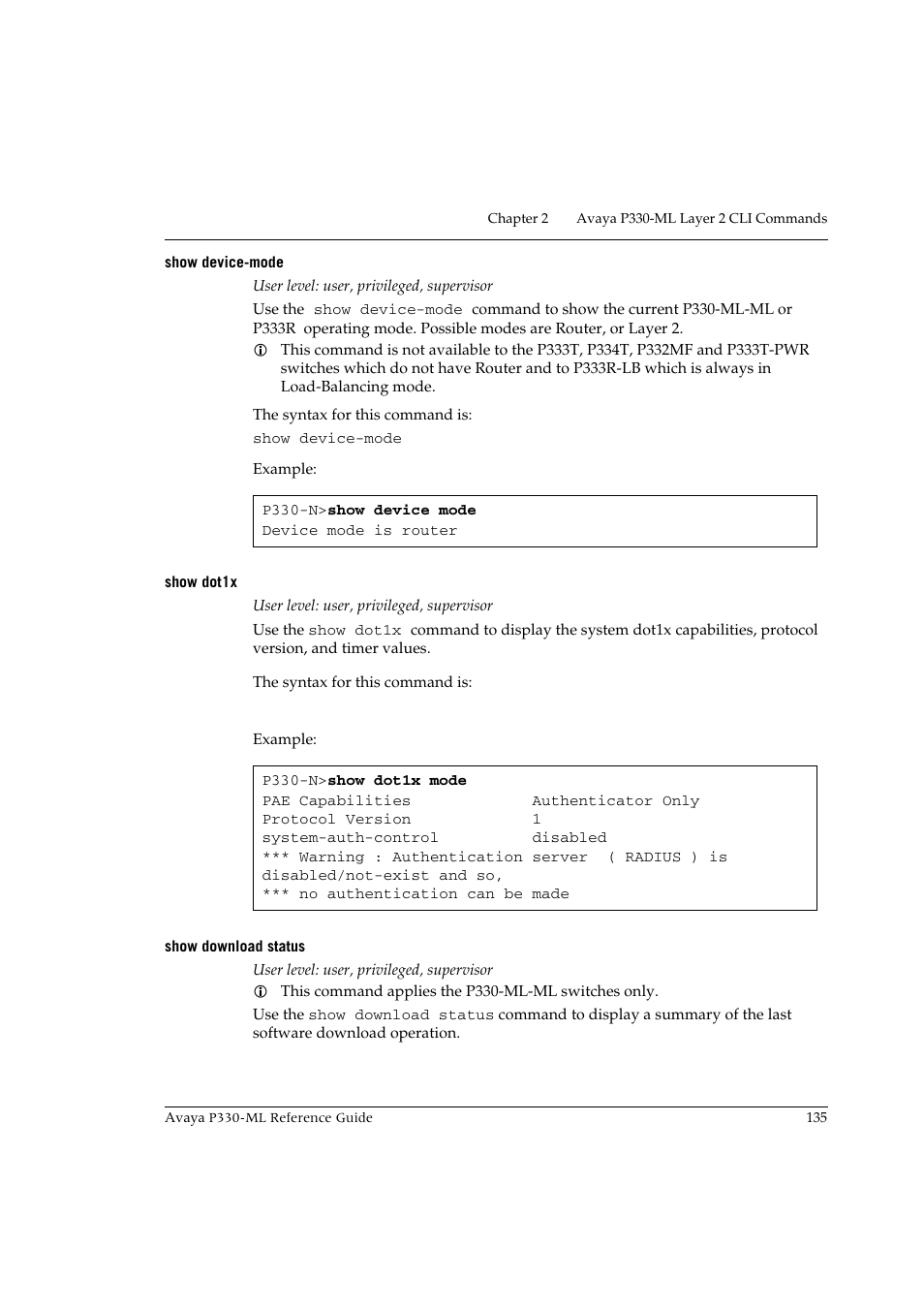 Show device-mode, Show dot1x, Show download status | Show device-mode show dot1x show download status | Avaya P330-ML-ML User Manual | Page 149 / 320