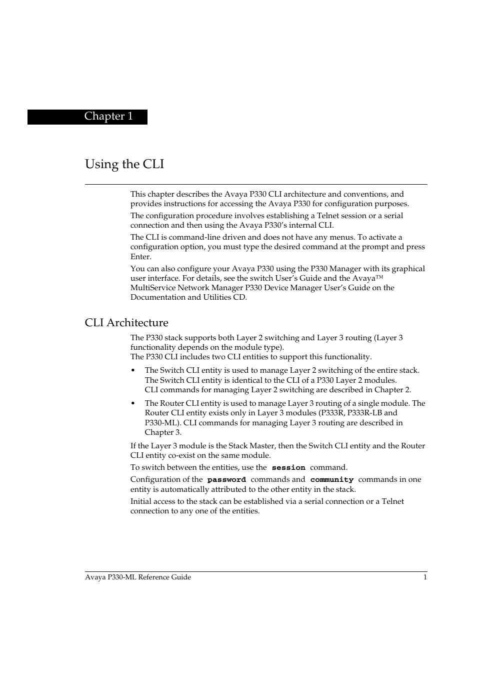 Using the cli, Cli architecture, Chapter 1 | Using the cli cli architecture | Avaya P330-ML-ML User Manual | Page 15 / 320