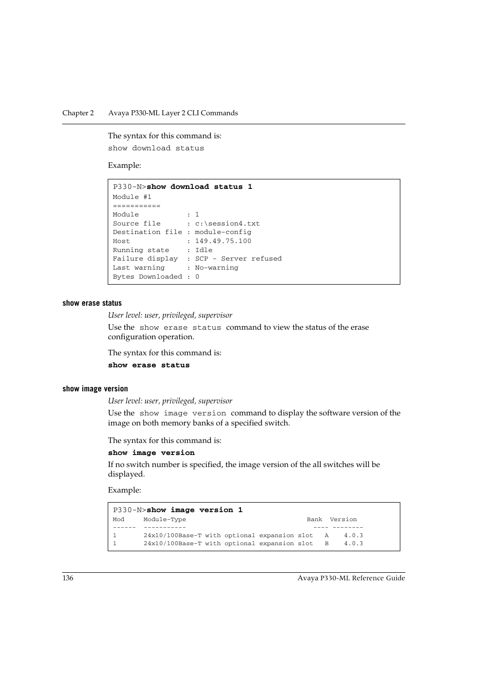 Show erase status, Show image version, Show erase status show image version | Avaya P330-ML-ML User Manual | Page 150 / 320