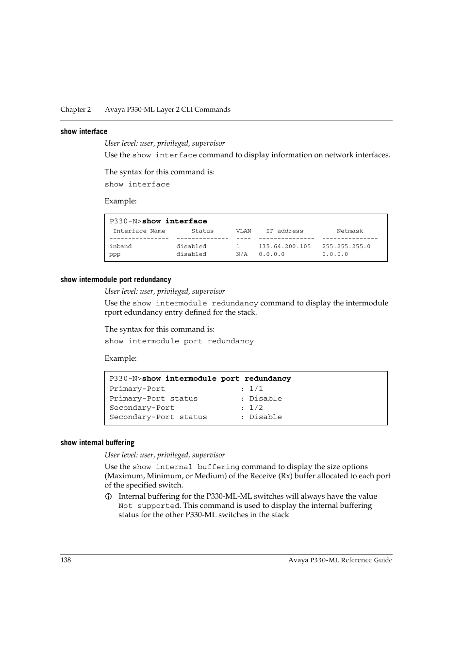Show interface, Show intermodule port redundancy, Show internal buffering | Avaya P330-ML-ML User Manual | Page 152 / 320