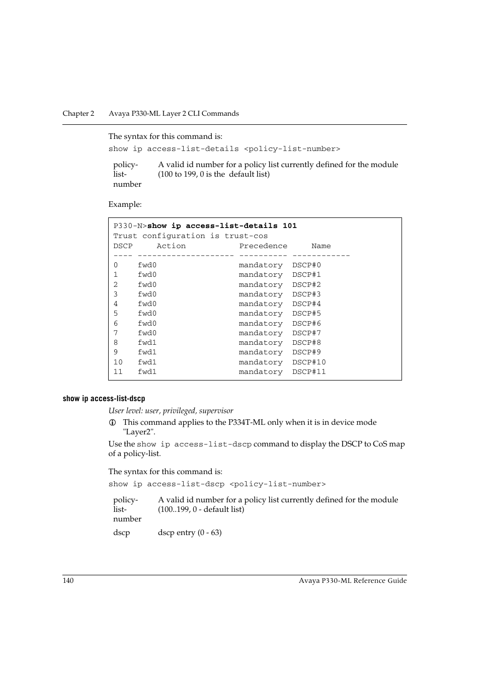 Show ip access-list-dscp | Avaya P330-ML-ML User Manual | Page 154 / 320