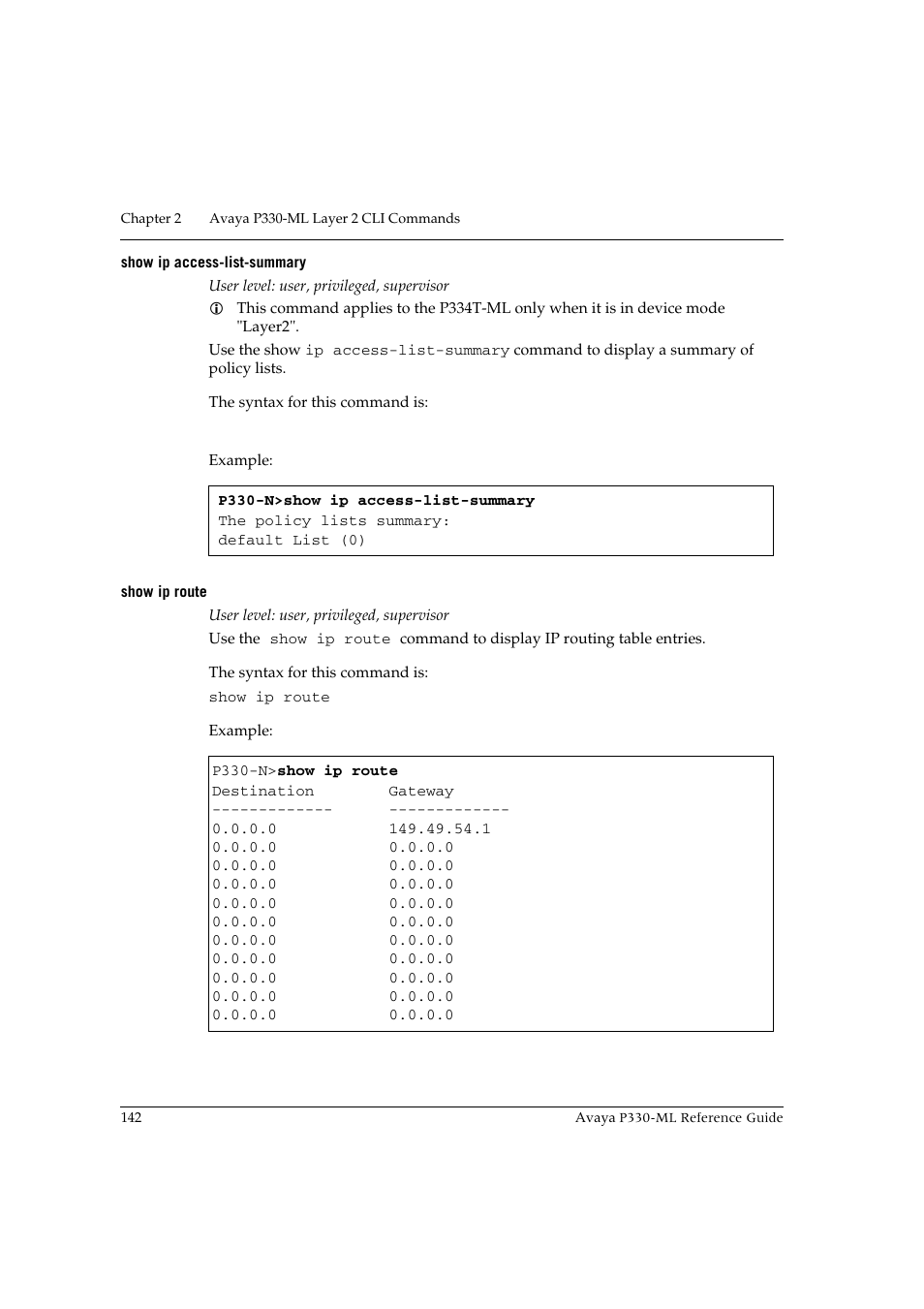 Show ip access-list-summary, Show ip route, Show ip access-list-summary show ip route | Avaya P330-ML-ML User Manual | Page 156 / 320