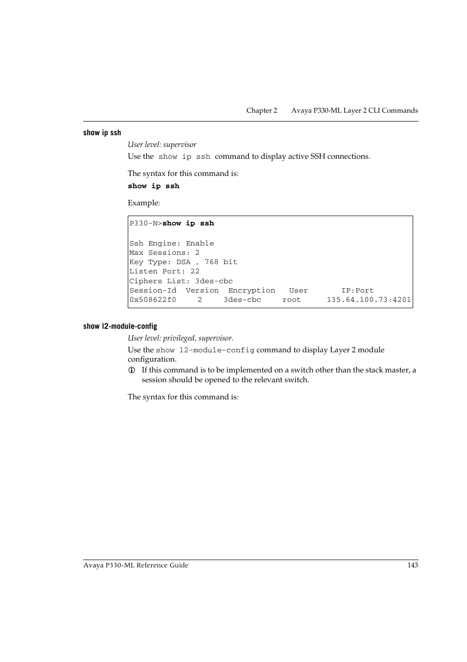 Show ip ssh, Show l2-module-config, Show ip ssh show l2-module-config | Avaya P330-ML-ML User Manual | Page 157 / 320