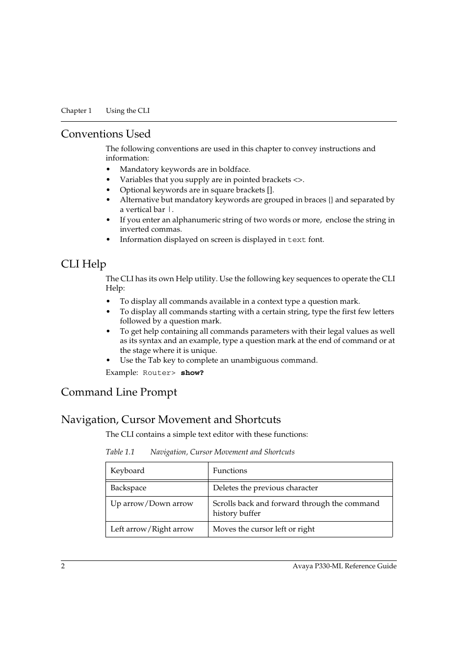 Conventions used, Cli help, Command line prompt | Navigation, cursor movement and shortcuts | Avaya P330-ML-ML User Manual | Page 16 / 320