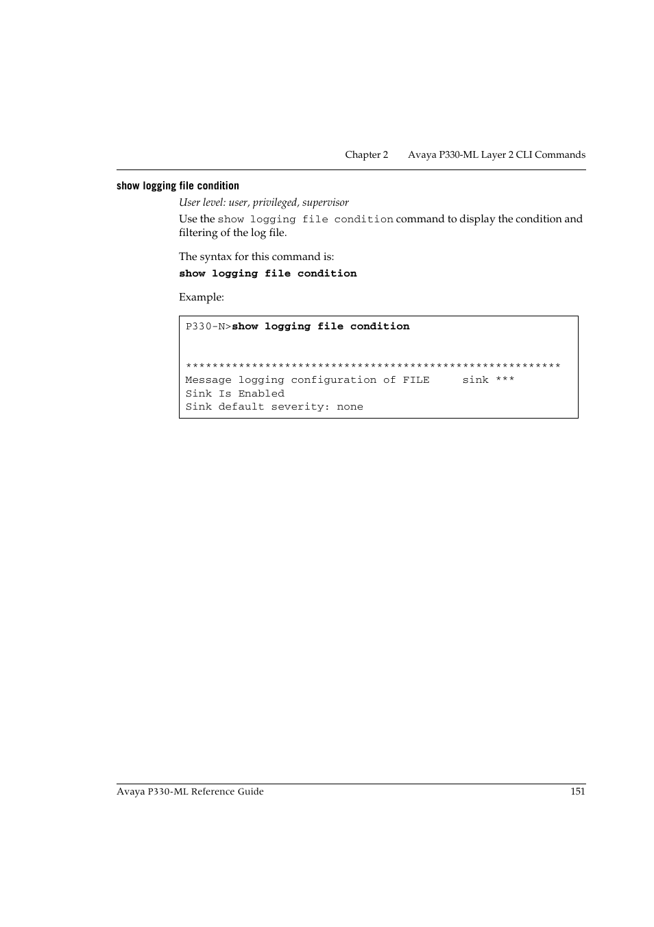 Show logging file condition | Avaya P330-ML-ML User Manual | Page 165 / 320