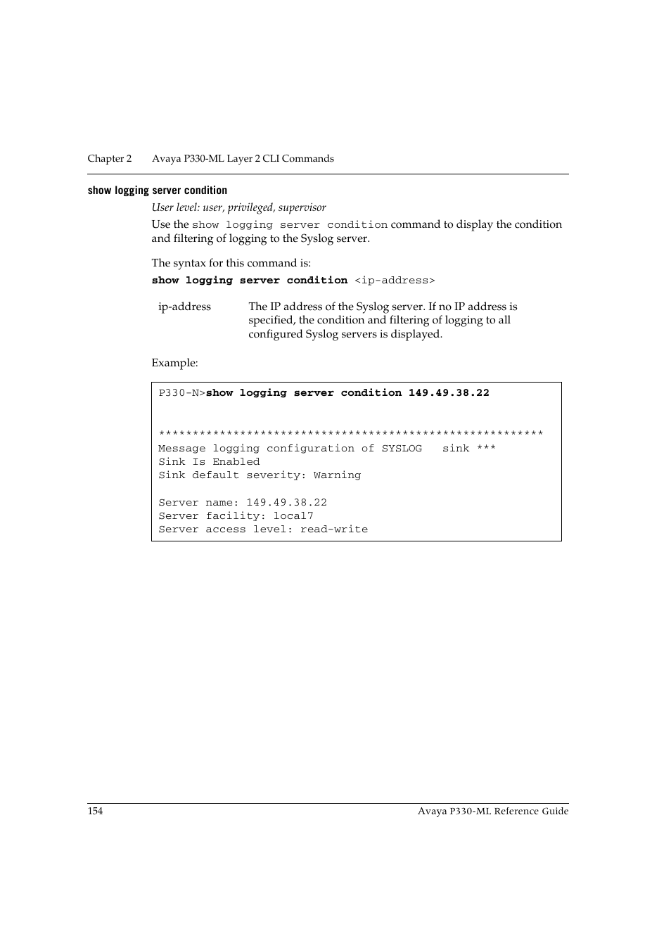 Show logging server condition | Avaya P330-ML-ML User Manual | Page 168 / 320