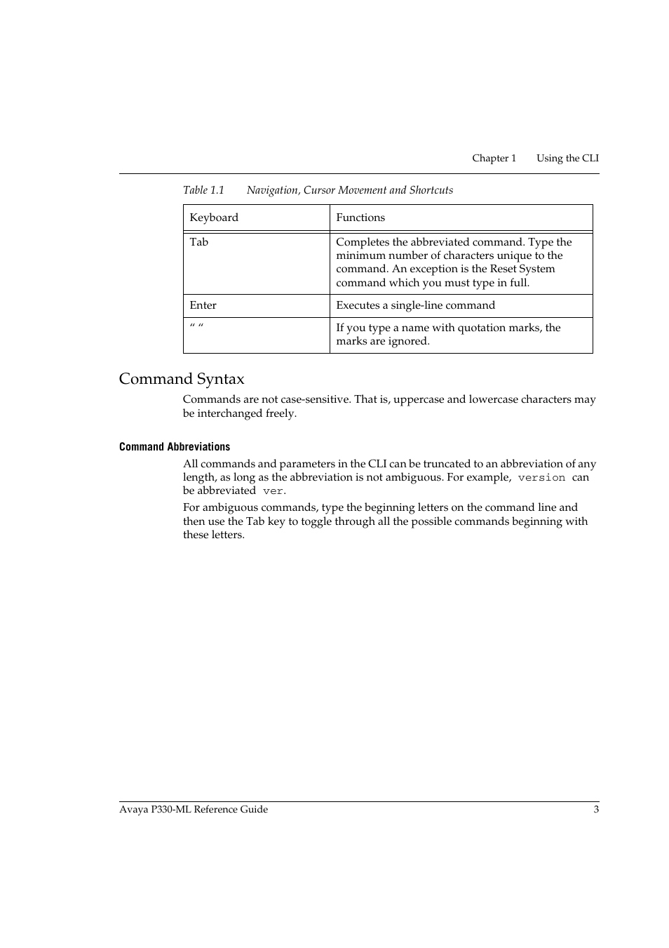 Command syntax, Command abbreviations | Avaya P330-ML-ML User Manual | Page 17 / 320