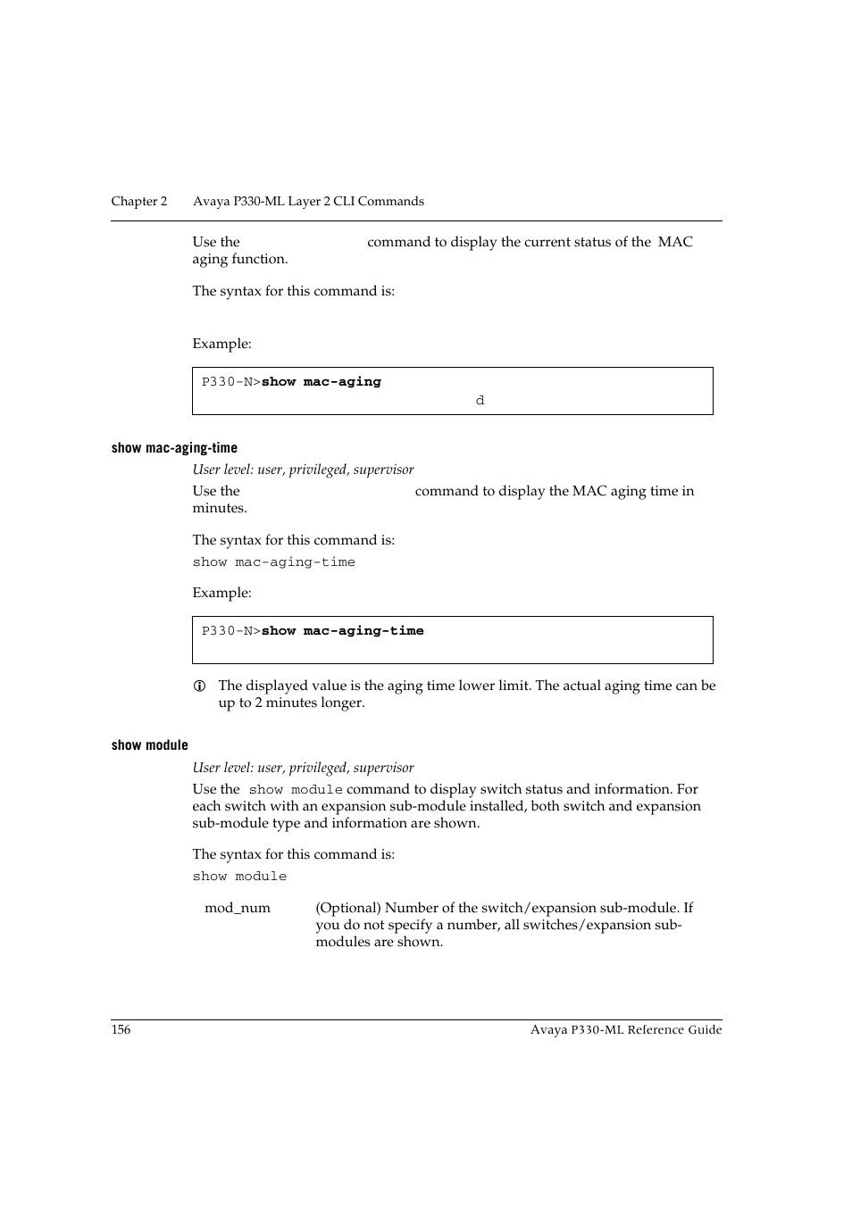 Show mac-aging-time, Show module, Show mac-aging-time show module | Avaya P330-ML-ML User Manual | Page 170 / 320