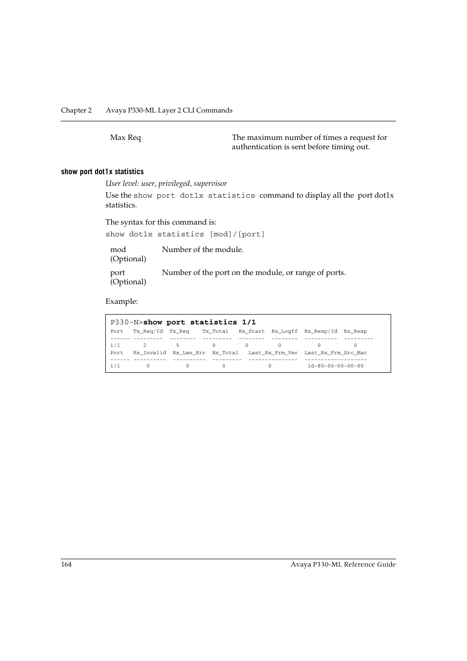 Show port dot1x statistics | Avaya P330-ML-ML User Manual | Page 178 / 320