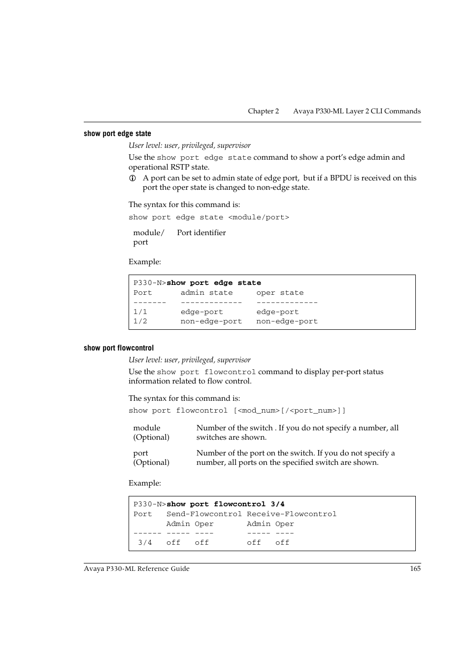 Show port edge state, Show port flowcontrol, Show port edge state show port flowcontrol | Avaya P330-ML-ML User Manual | Page 179 / 320