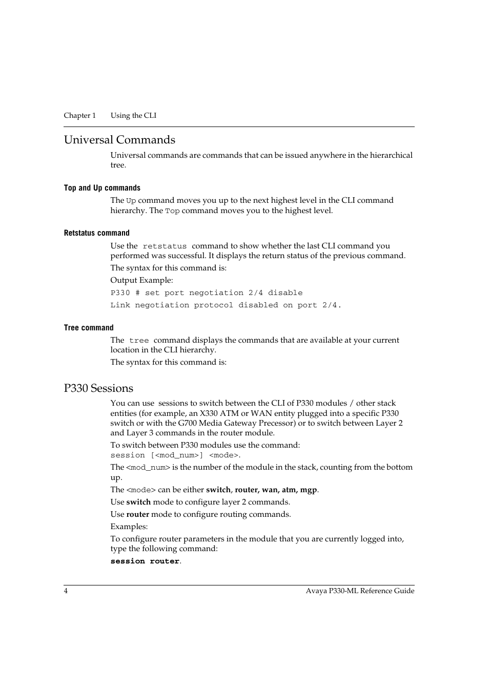 Universal commands, Top and up commands, Retstatus command | Tree command, P330 sessions, Top and up commands retstatus command tree command, P330-ml sessions | Avaya P330-ML-ML User Manual | Page 18 / 320