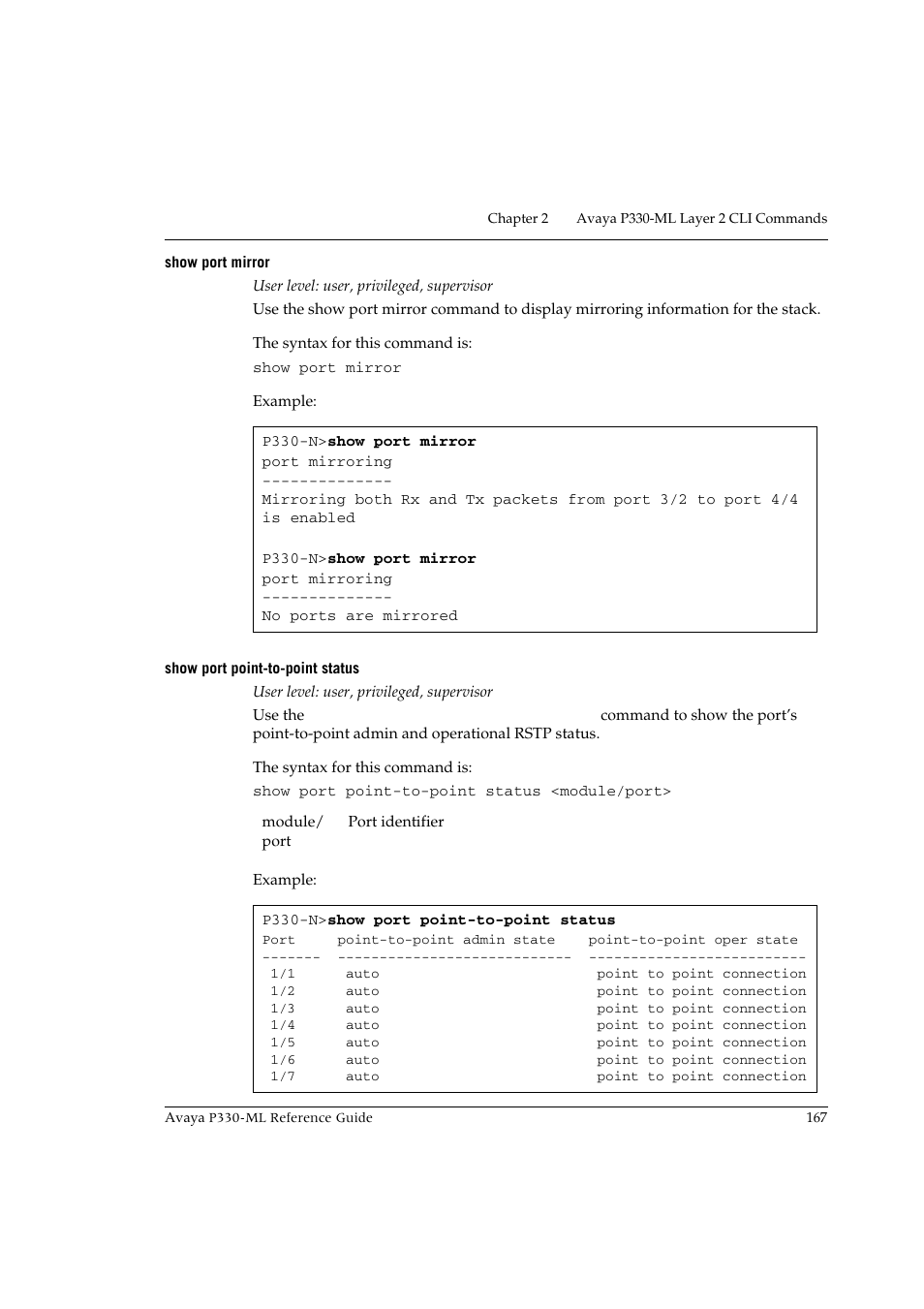 Show port mirror, Show port point-to-point status, Show port mirror show port point-to-point status | Avaya P330-ML-ML User Manual | Page 181 / 320