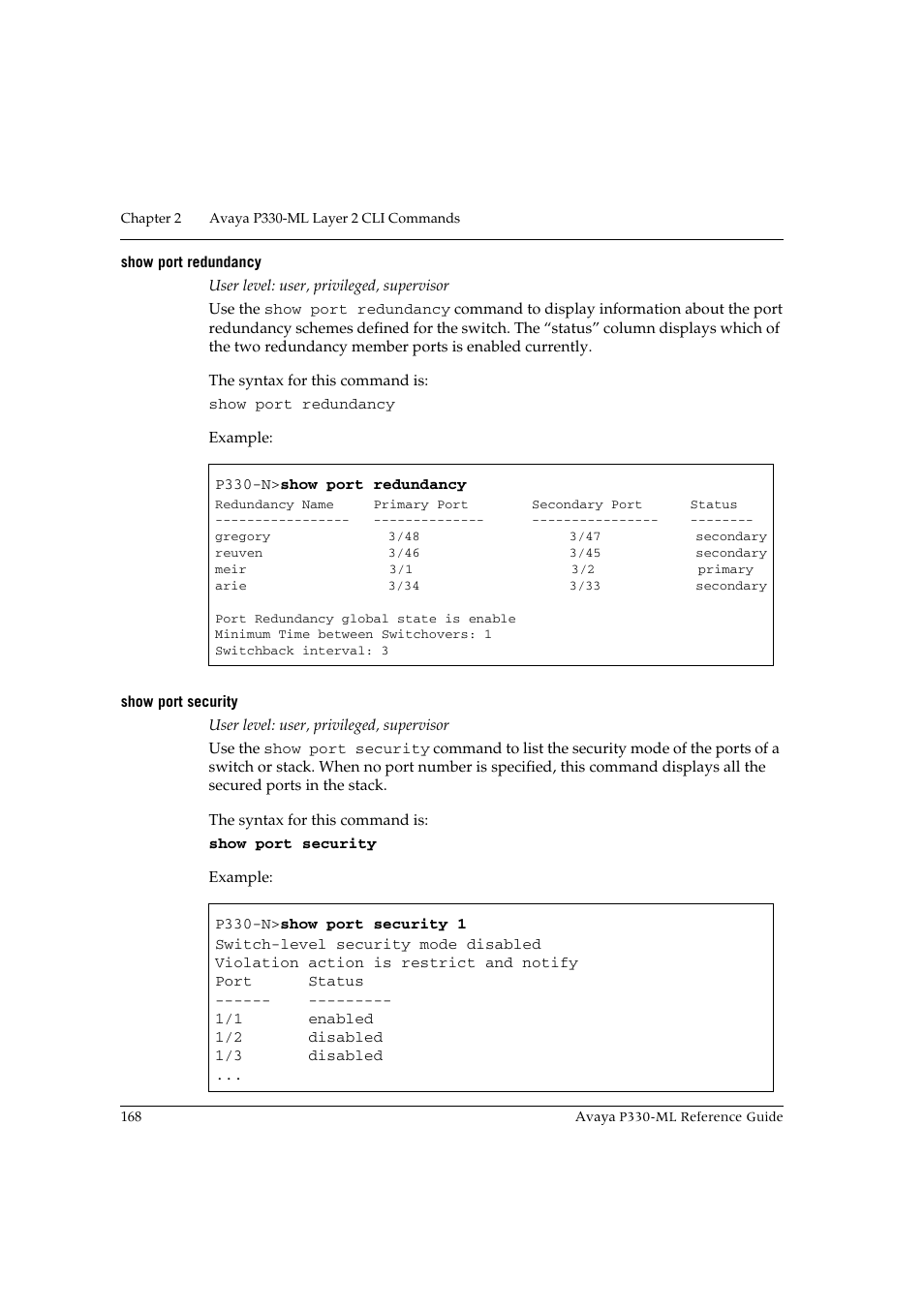 Show port redundancy, Show port security, Show port redundancy show port security | Avaya P330-ML-ML User Manual | Page 182 / 320