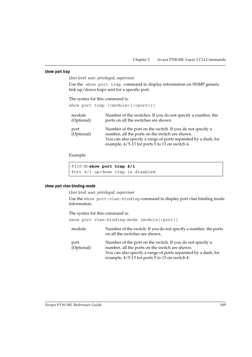 Show port trap, Show port vlan-binding-mode, Show port trap show port vlan-binding-mode | Avaya P330-ML-ML User Manual | Page 183 / 320