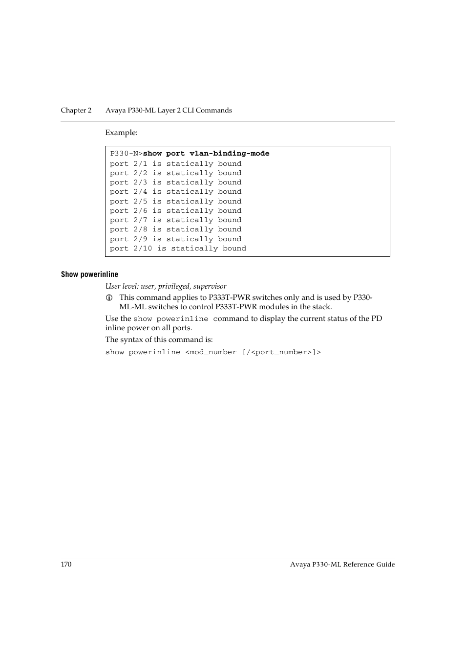 Show powerinline | Avaya P330-ML-ML User Manual | Page 184 / 320