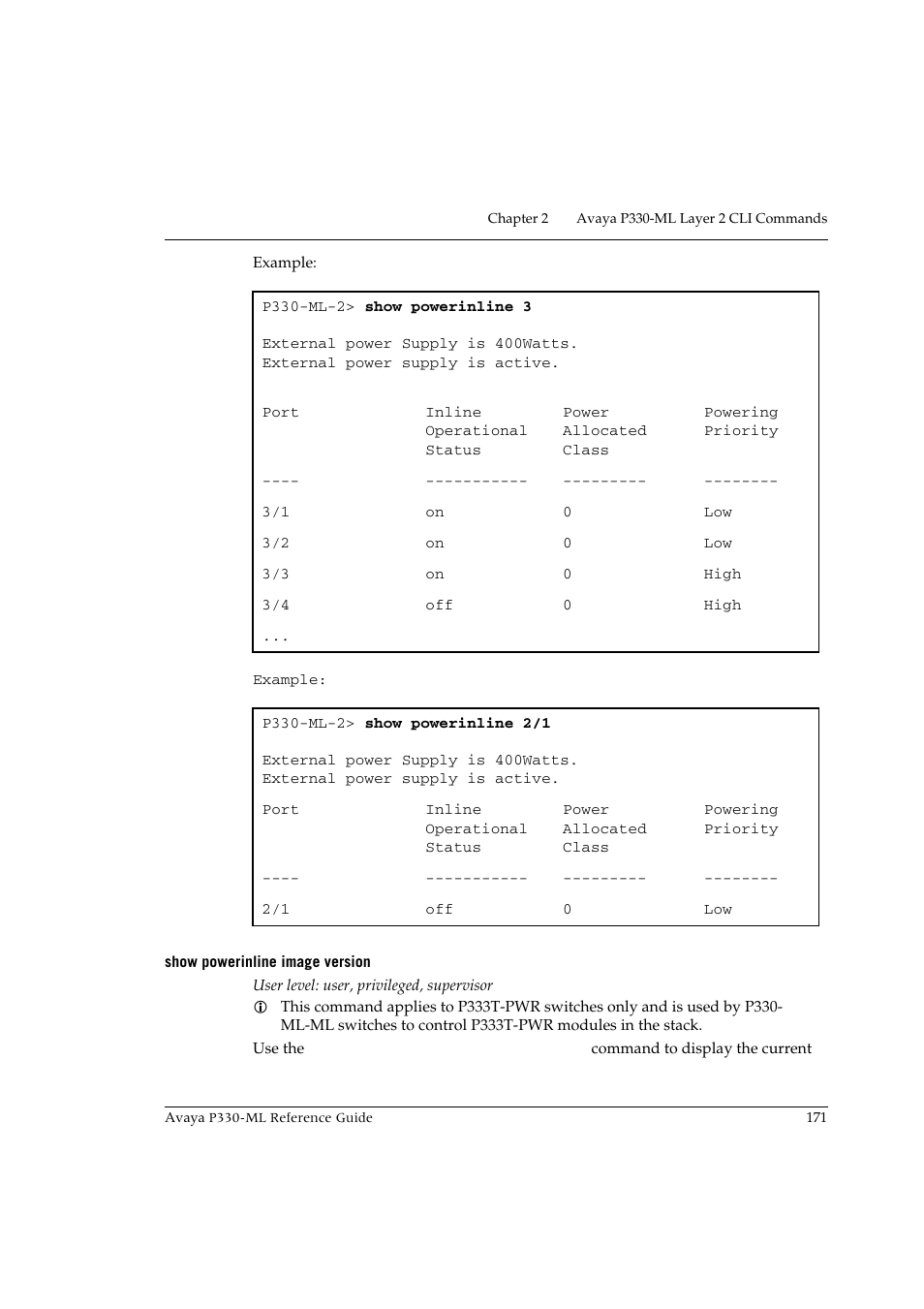 Show powerinline image version | Avaya P330-ML-ML User Manual | Page 185 / 320
