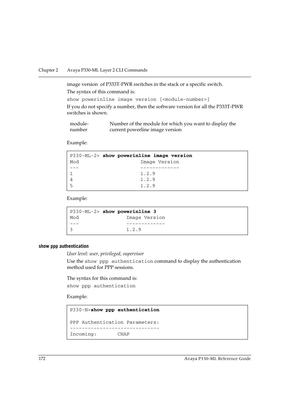 Show ppp authentication | Avaya P330-ML-ML User Manual | Page 186 / 320