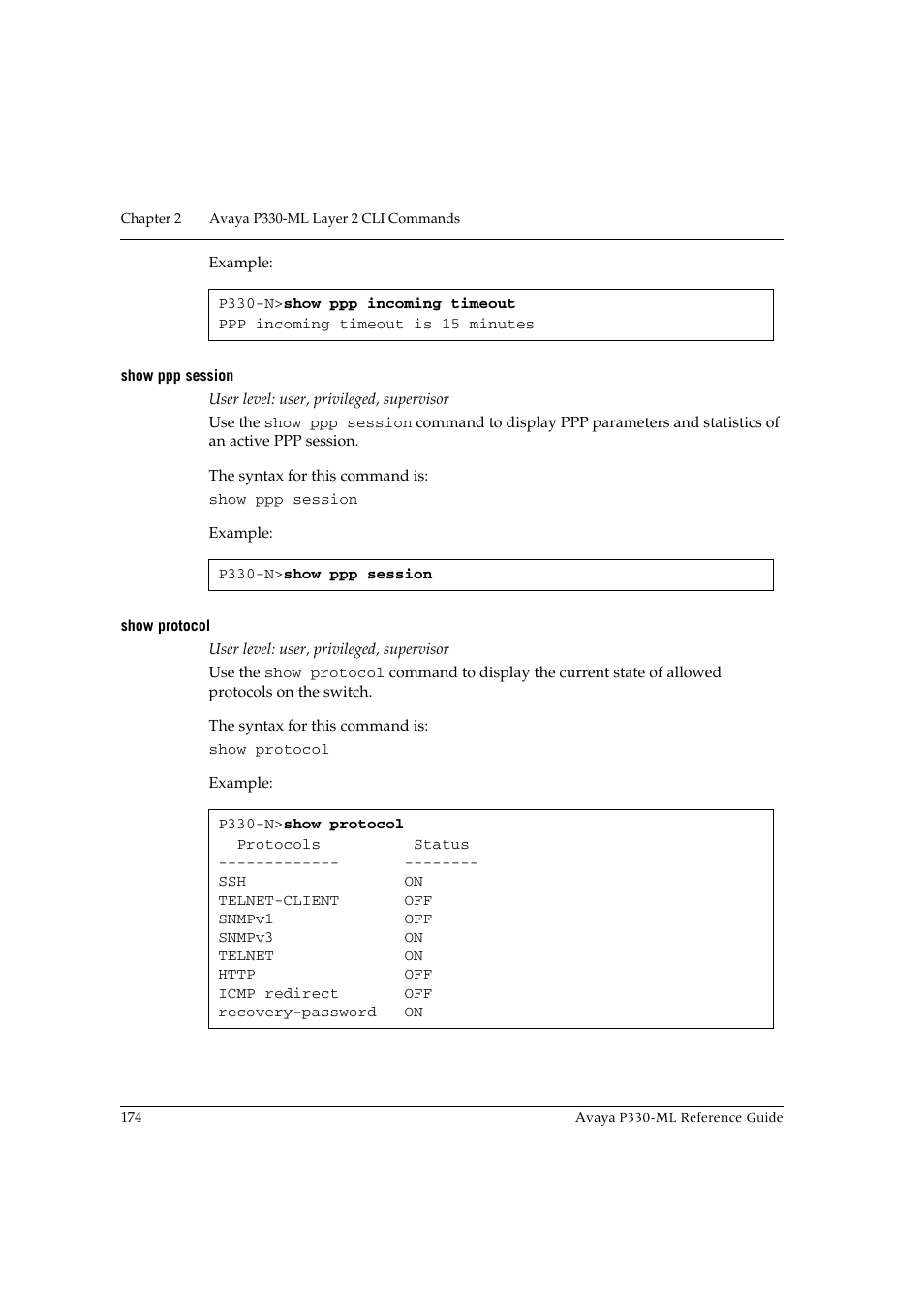 Show ppp session, Show protocol, Show ppp session show protocol | Avaya P330-ML-ML User Manual | Page 188 / 320
