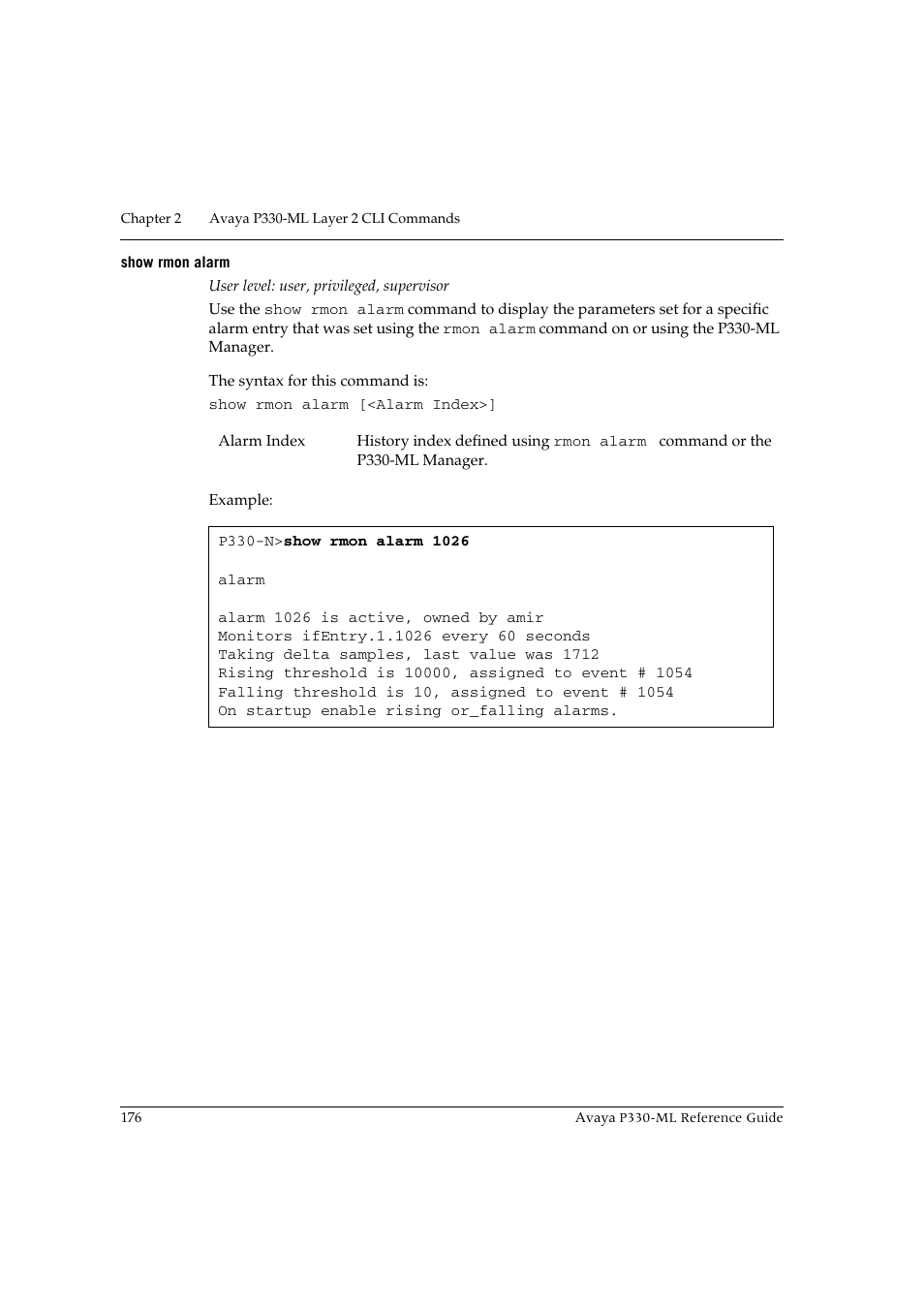 Show rmon alarm | Avaya P330-ML-ML User Manual | Page 190 / 320