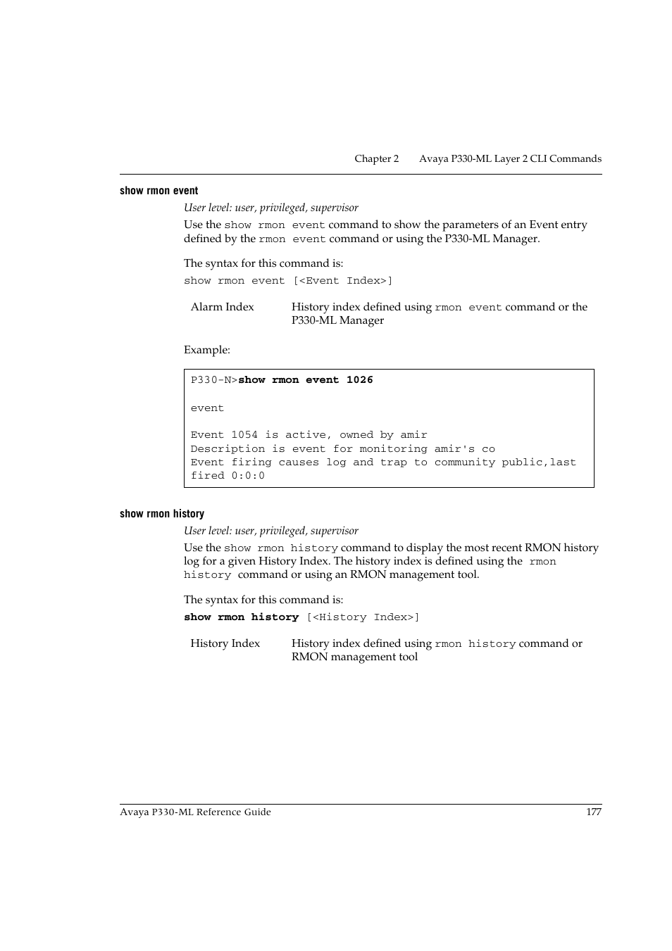 Show rmon event, Show rmon history, Show rmon event show rmon history | Avaya P330-ML-ML User Manual | Page 191 / 320