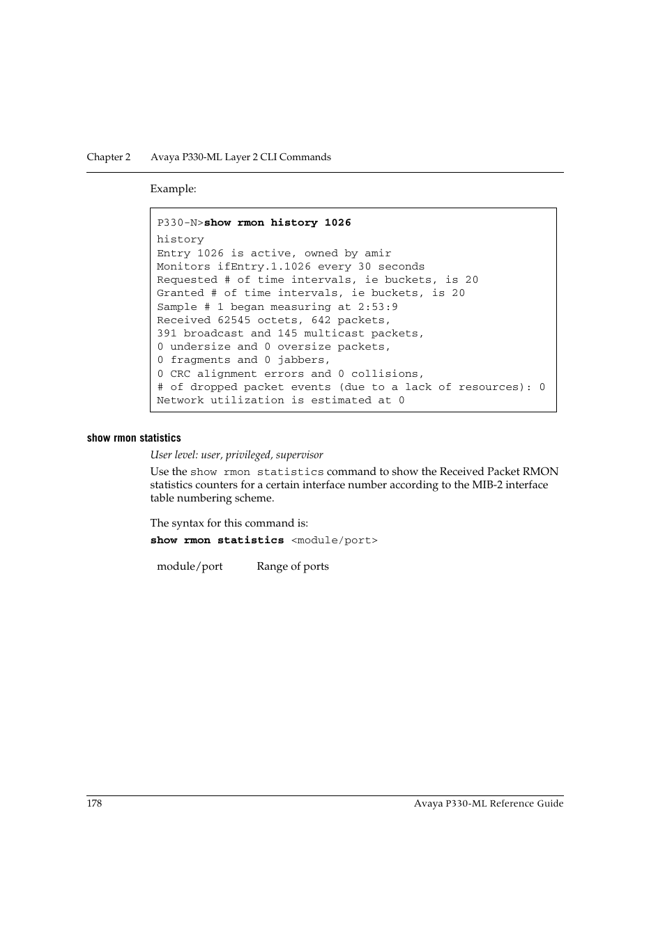 Show rmon statistics | Avaya P330-ML-ML User Manual | Page 192 / 320