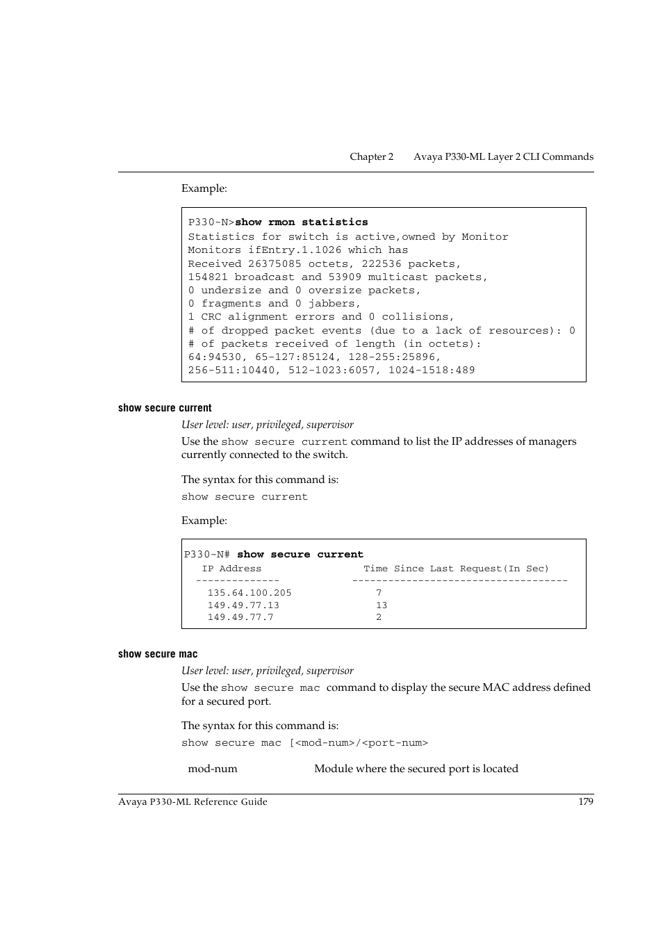 Show secure current, Show secure mac, Show secure current show secure mac | Avaya P330-ML-ML User Manual | Page 193 / 320