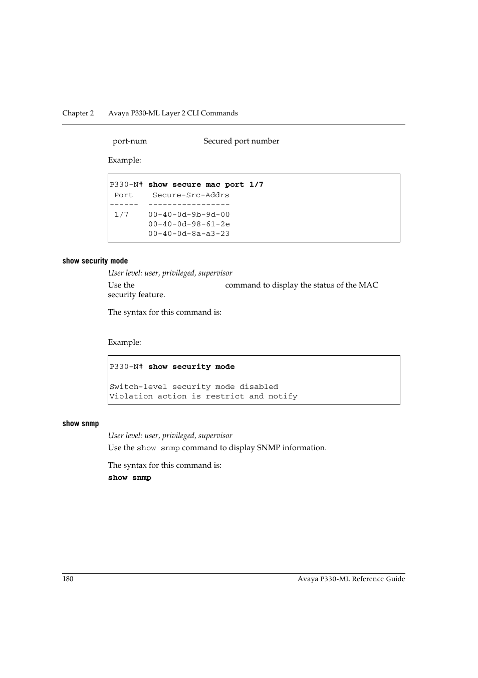 Show security mode, Show snmp, Show security mode show snmp | Avaya P330-ML-ML User Manual | Page 194 / 320