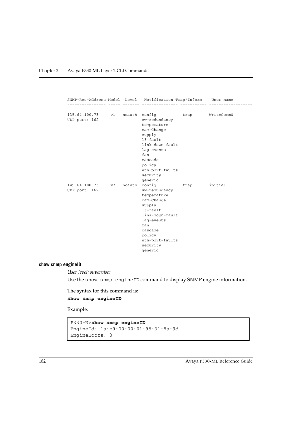 Show snmp engineid | Avaya P330-ML-ML User Manual | Page 196 / 320