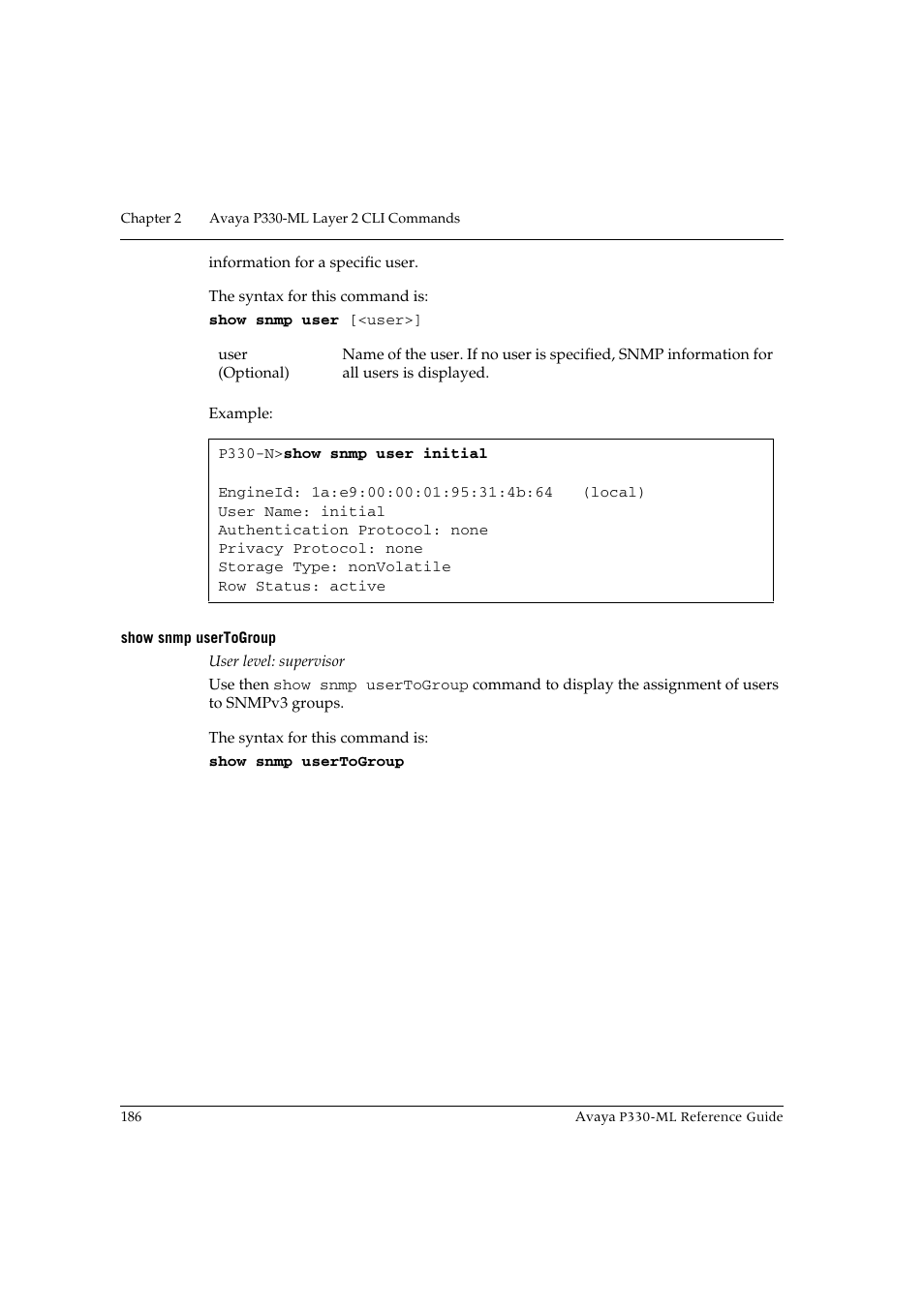 Show snmp usertogroup | Avaya P330-ML-ML User Manual | Page 200 / 320