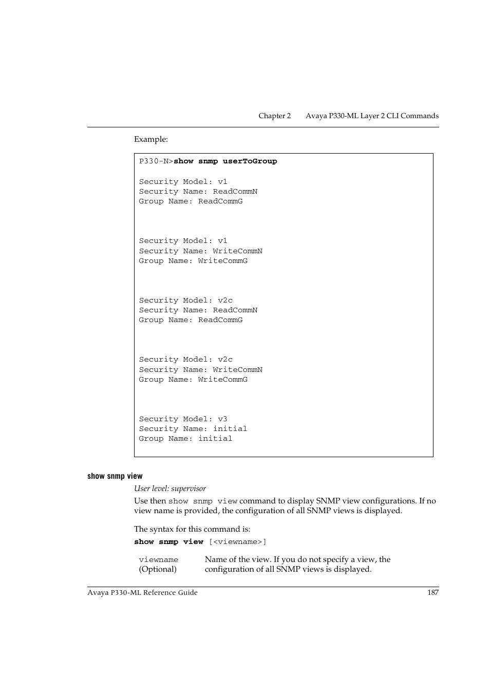 Show snmp view | Avaya P330-ML-ML User Manual | Page 201 / 320