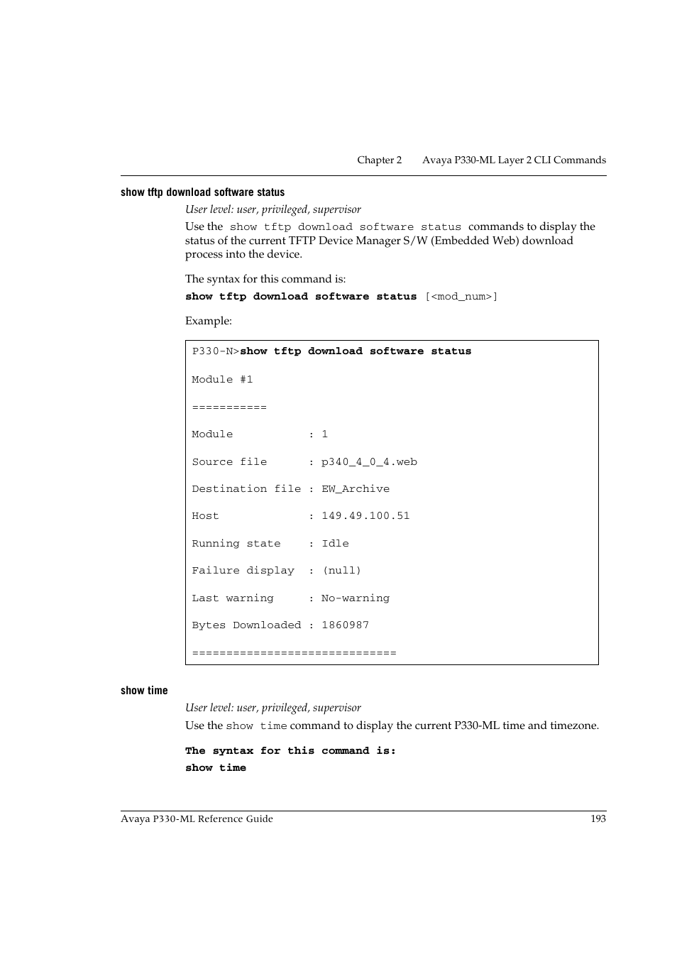 Show tftp download software status, Show time, Show tftp download software status show time | Avaya P330-ML-ML User Manual | Page 207 / 320