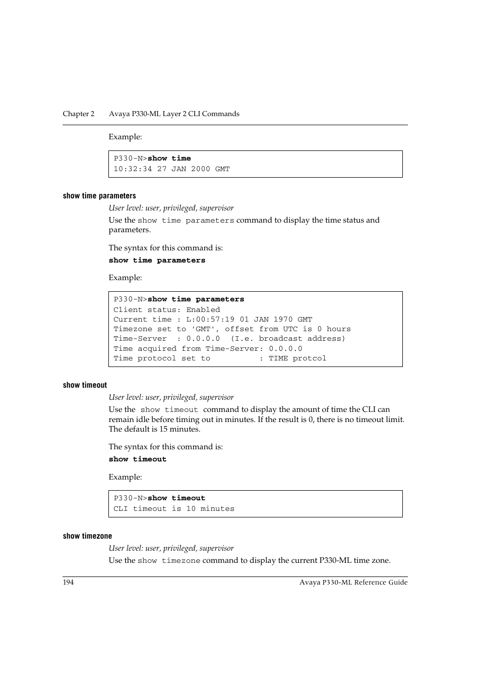 Show time parameters, Show timeout, Show timezone | Show time parameters show timeout show timezone | Avaya P330-ML-ML User Manual | Page 208 / 320
