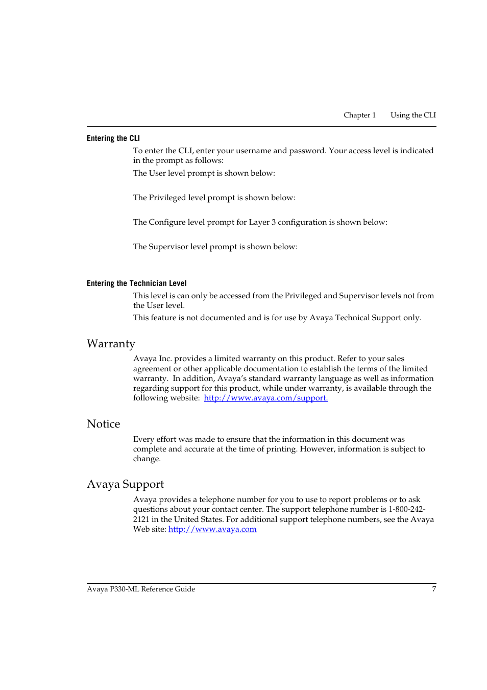 Entering the cli, Entering the technician level, Warranty | Notice, Avaya support, Entering the cli entering the technician level, Warranty notice avaya support | Avaya P330-ML-ML User Manual | Page 21 / 320
