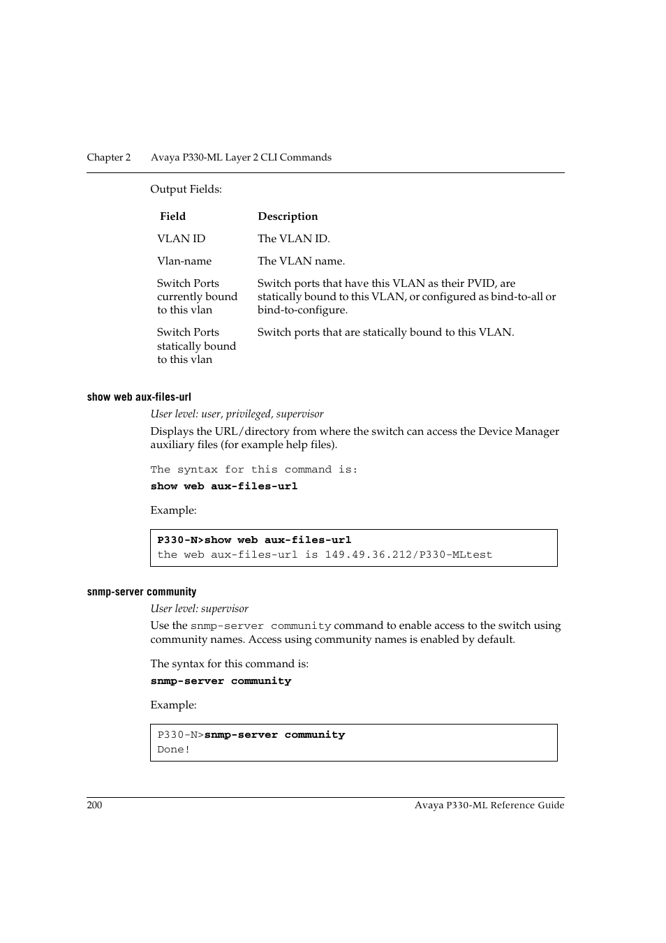 Show web aux-files-url, Snmp-server community, Show web aux-files-url snmp-server community | Avaya P330-ML-ML User Manual | Page 214 / 320