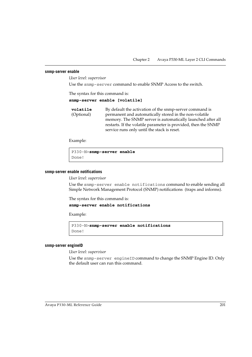 Snmp-server enable, Snmp-server enable notifications, Snmp-server engineid | Avaya P330-ML-ML User Manual | Page 215 / 320