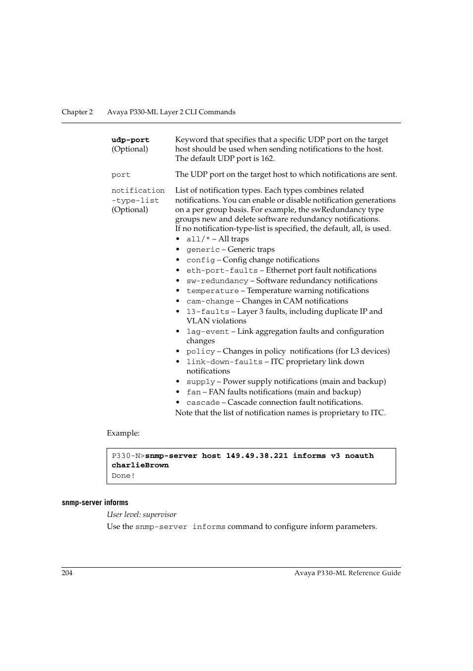 Snmp-server informs | Avaya P330-ML-ML User Manual | Page 218 / 320