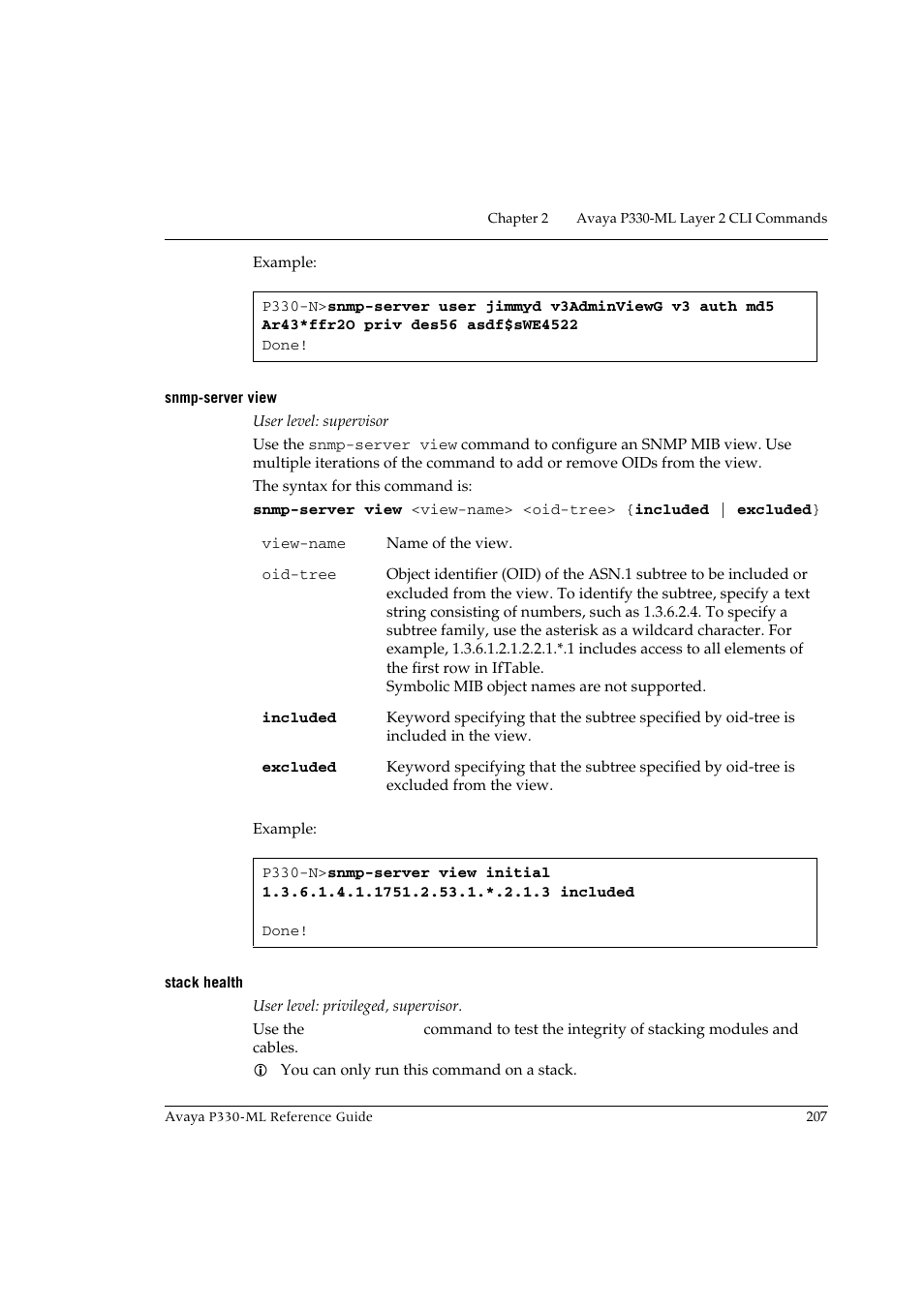 Snmp-server view, Stack health, Snmp-server view stack health | Avaya P330-ML-ML User Manual | Page 221 / 320