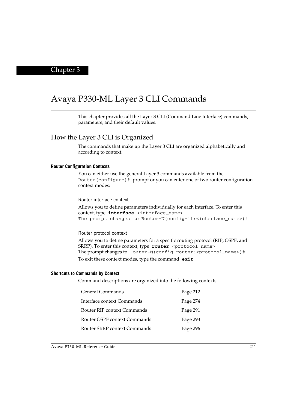 Avaya p330-ml layer 3 cli commands, How the layer 3 cli is organized, Router configuration contexts | Router interface context, Router protocol context, Shortcuts to commands by context, Chapter 3 | Avaya P330-ML-ML User Manual | Page 227 / 320