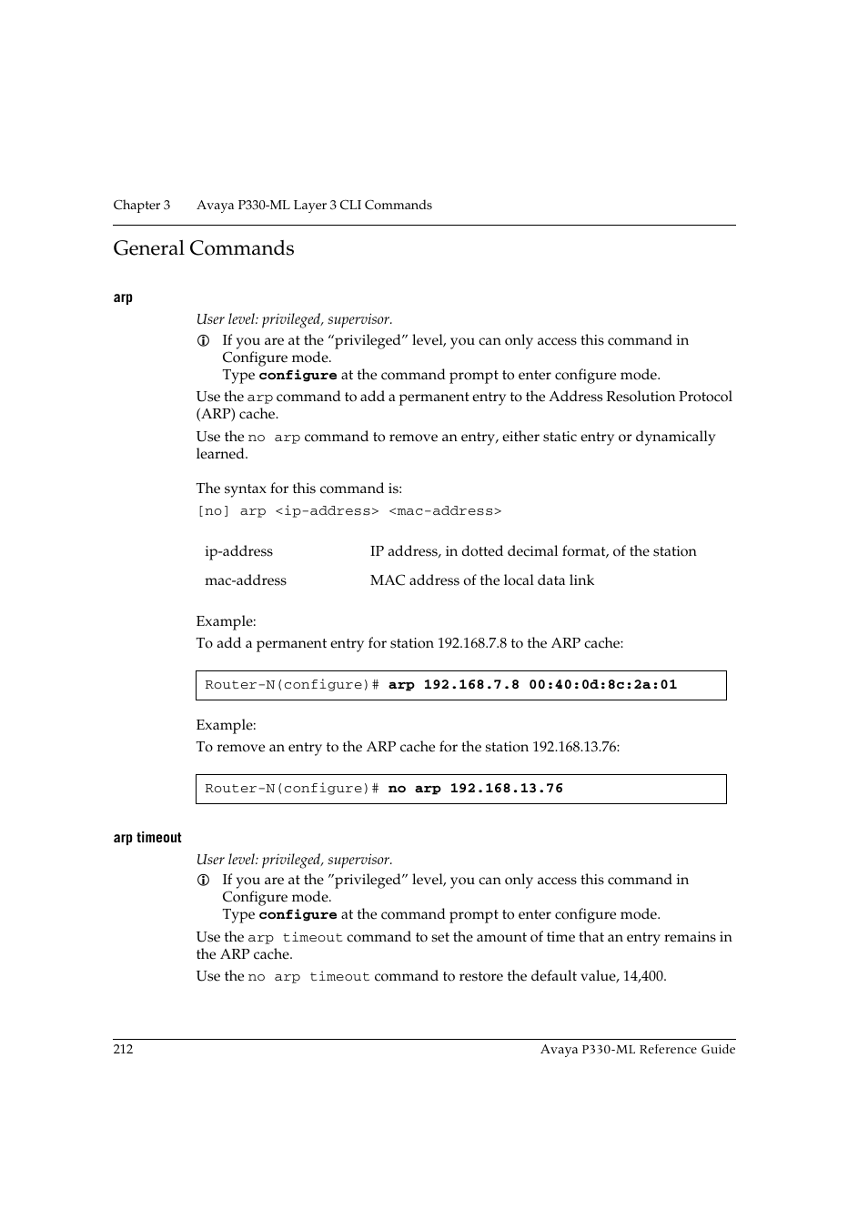 General commands, Arp timeout, Arp arp timeout | Avaya P330-ML-ML User Manual | Page 228 / 320