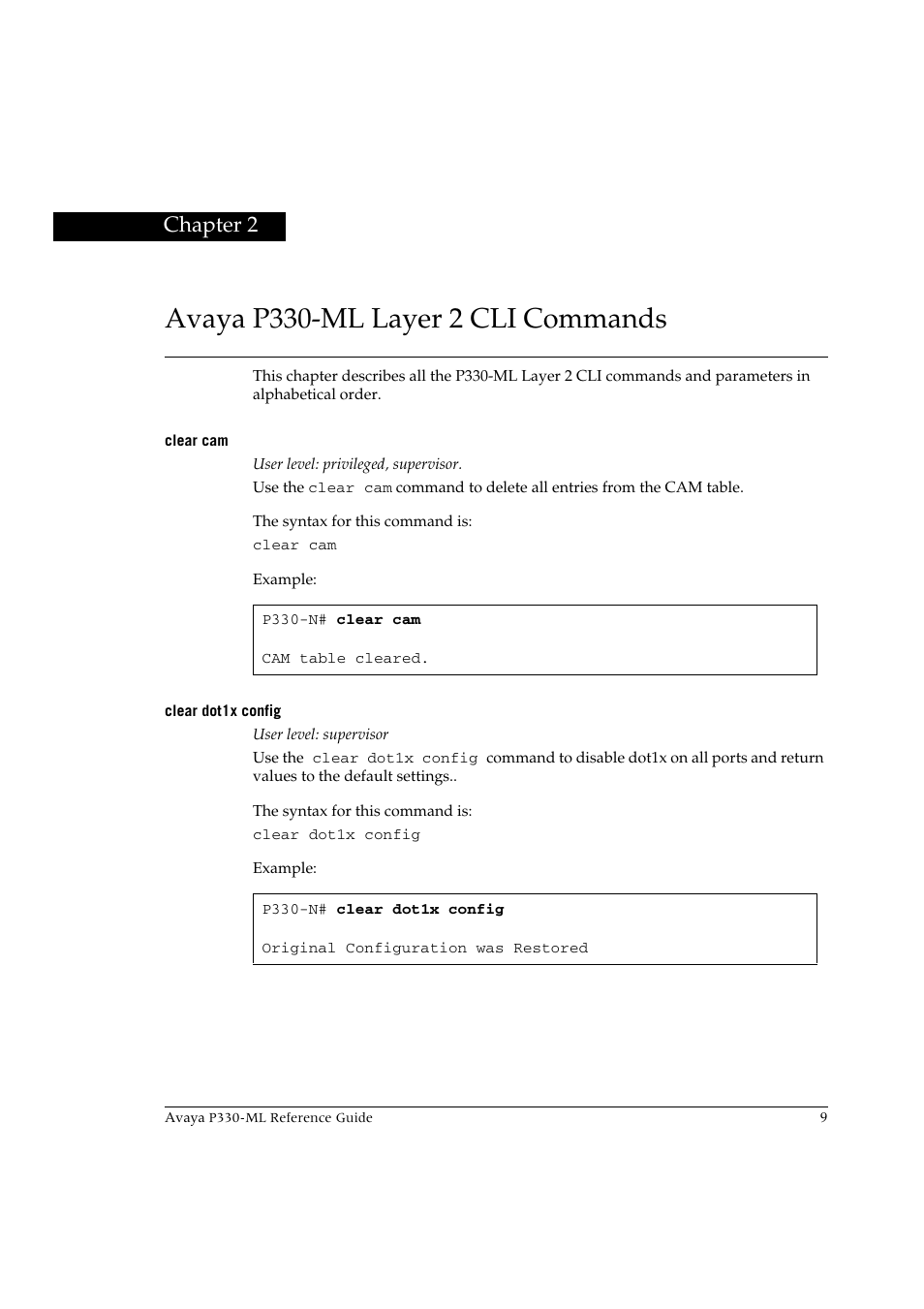 Avaya p330-ml layer 2 cli commands, Clear cam, Clear dot1x config | Chapter 2, Clear cam clear dot1x config | Avaya P330-ML-ML User Manual | Page 23 / 320