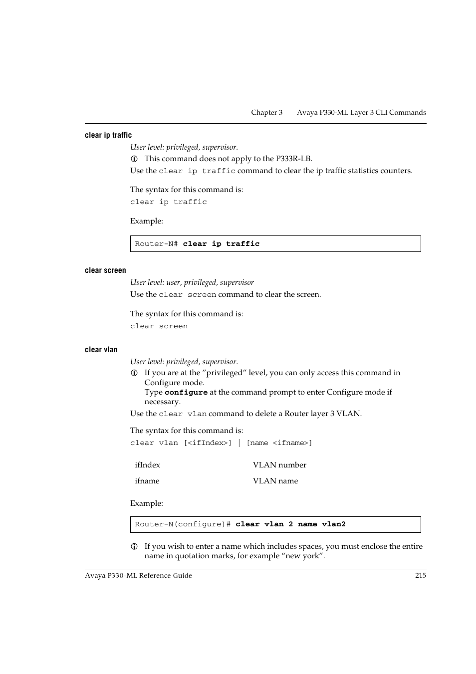 Clear ip traffic, Clear screen, Clear vlan | Clear ip traffic clear screen clear vlan | Avaya P330-ML-ML User Manual | Page 231 / 320