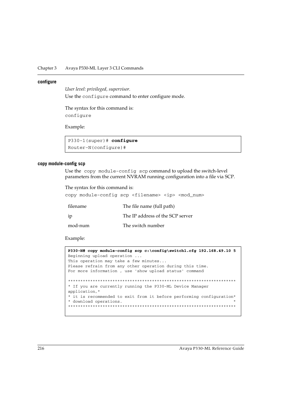 Configure, Copy module-config scp, Configure copy module-config scp | Avaya P330-ML-ML User Manual | Page 232 / 320