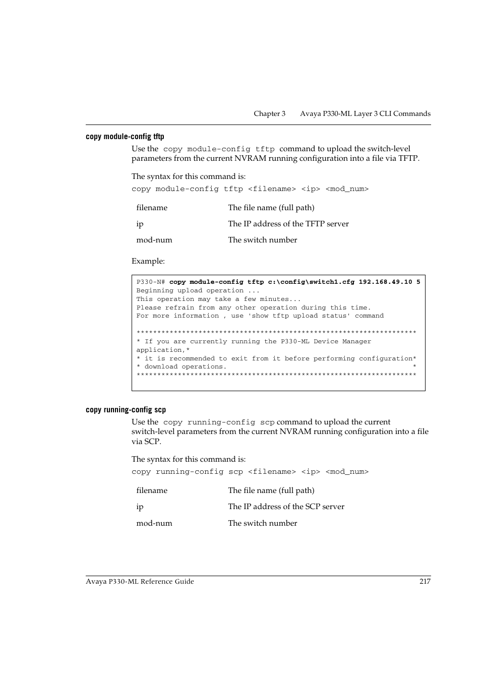 Copy module-config tftp, Copy running-config scp, Copy module-config tftp copy running-config scp | Avaya P330-ML-ML User Manual | Page 233 / 320