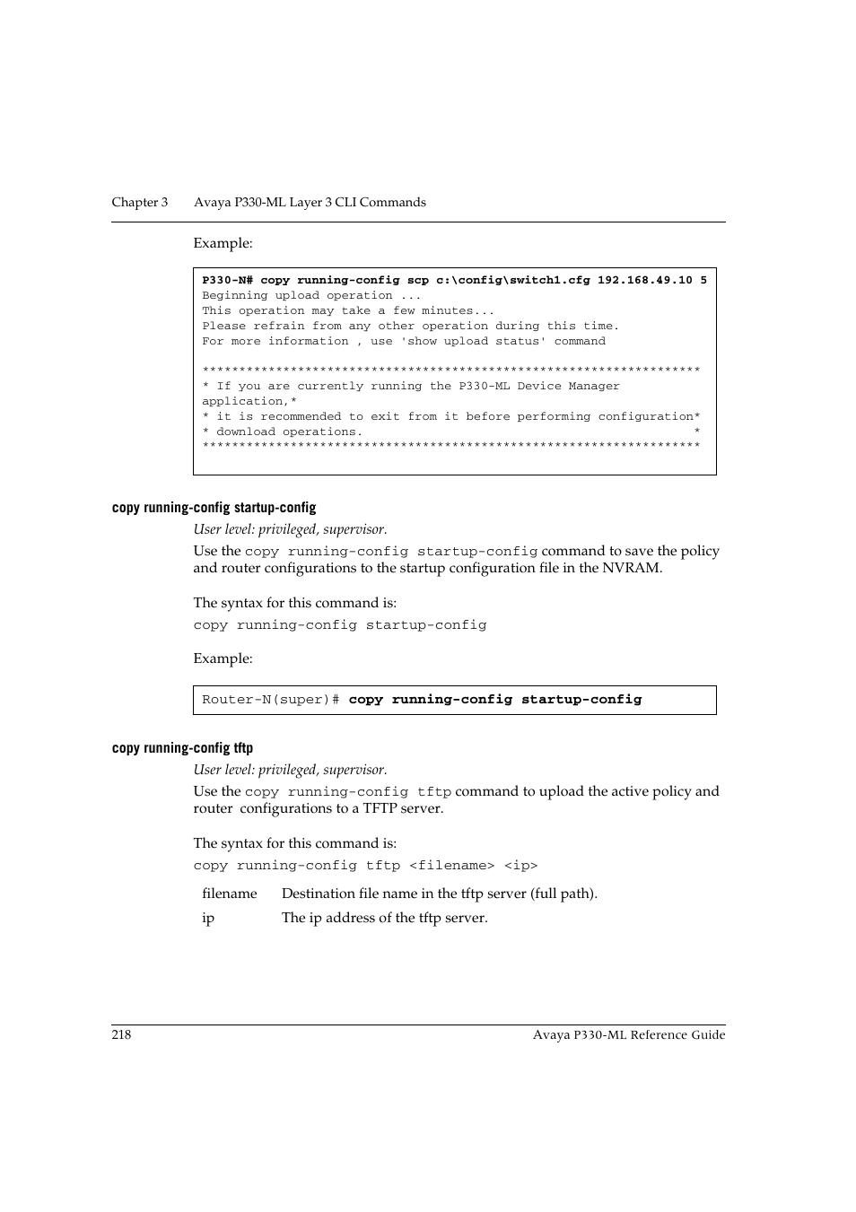 Copy running-config startup-config, Copy running-config tftp | Avaya P330-ML-ML User Manual | Page 234 / 320