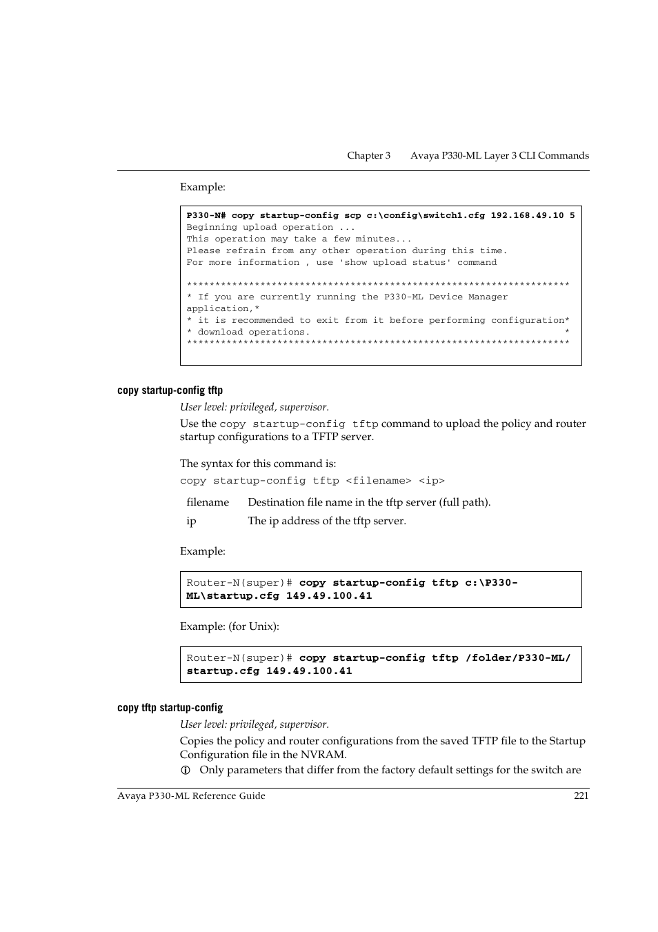 Copy startup-config tftp, Copy tftp startup-config, Copy startup-config tftp copy tftp startup-config | Avaya P330-ML-ML User Manual | Page 237 / 320