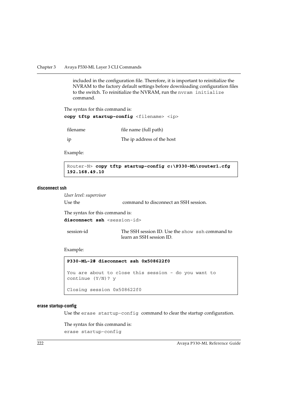 Disconnect ssh, Erase startup-config, Disconnect ssh erase startup-config | Avaya P330-ML-ML User Manual | Page 238 / 320