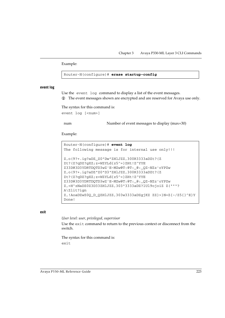 Event log, Exit, Event log exit | Avaya P330-ML-ML User Manual | Page 239 / 320
