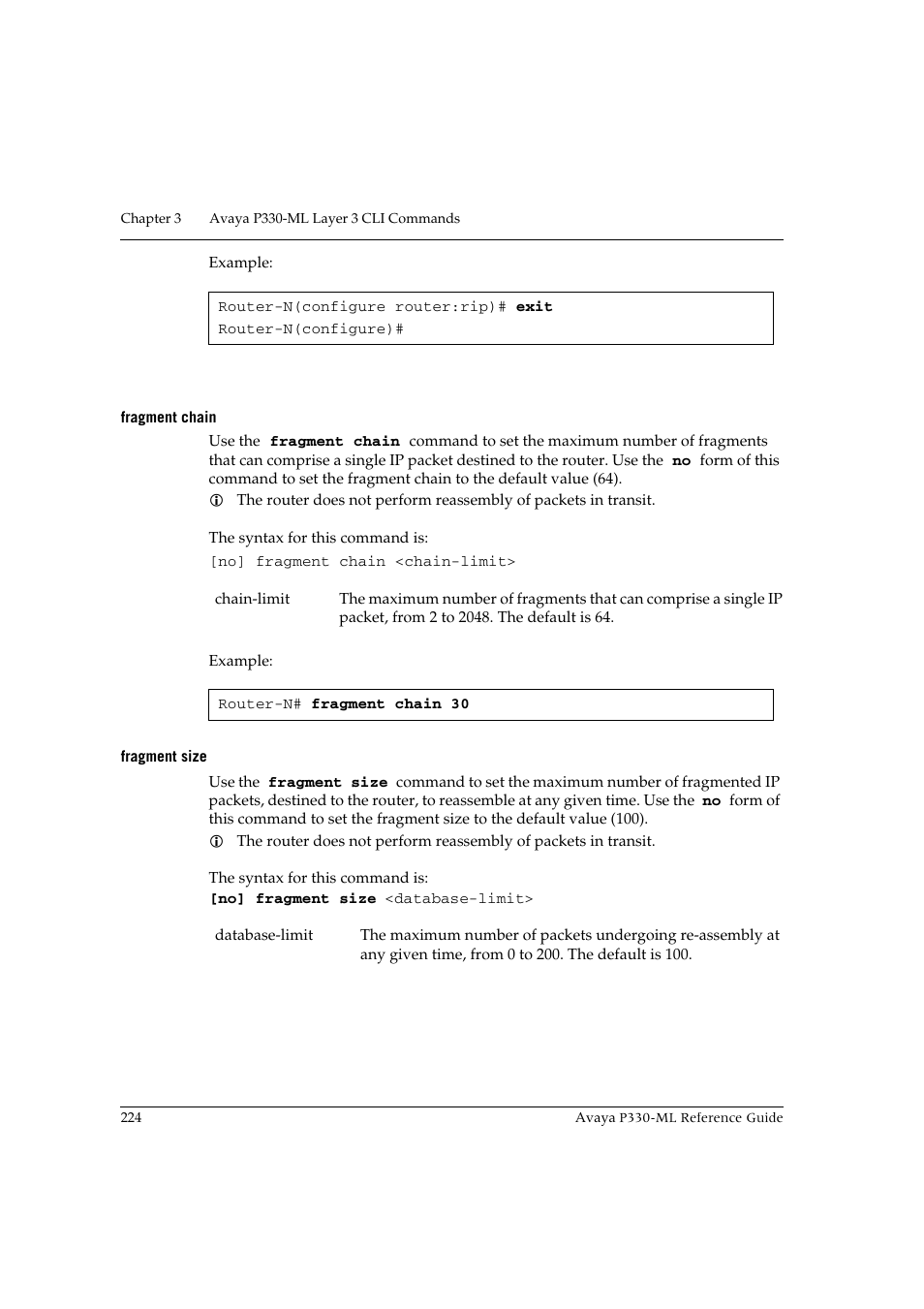 Fragment chain, Fragment size, Fragment chain fragment size | Avaya P330-ML-ML User Manual | Page 240 / 320