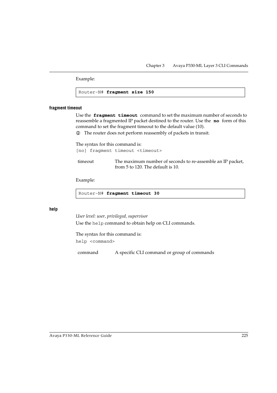 Fragment timeout, Help, Fragment timeout help | Avaya P330-ML-ML User Manual | Page 241 / 320