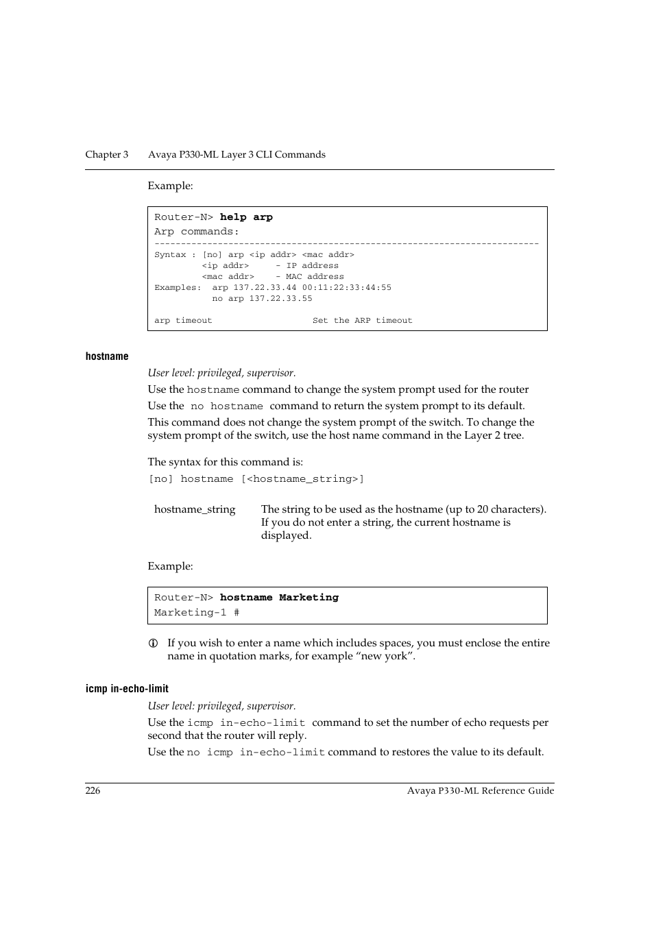Hostname, Icmp in-echo-limit, Hostname icmp in-echo-limit | Avaya P330-ML-ML User Manual | Page 242 / 320